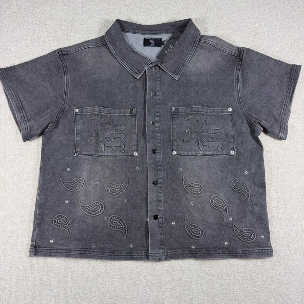 Mixed Emotion Mens Grey Washed Denim Short Sleeve Paisley Rhinestone Shirt Small
